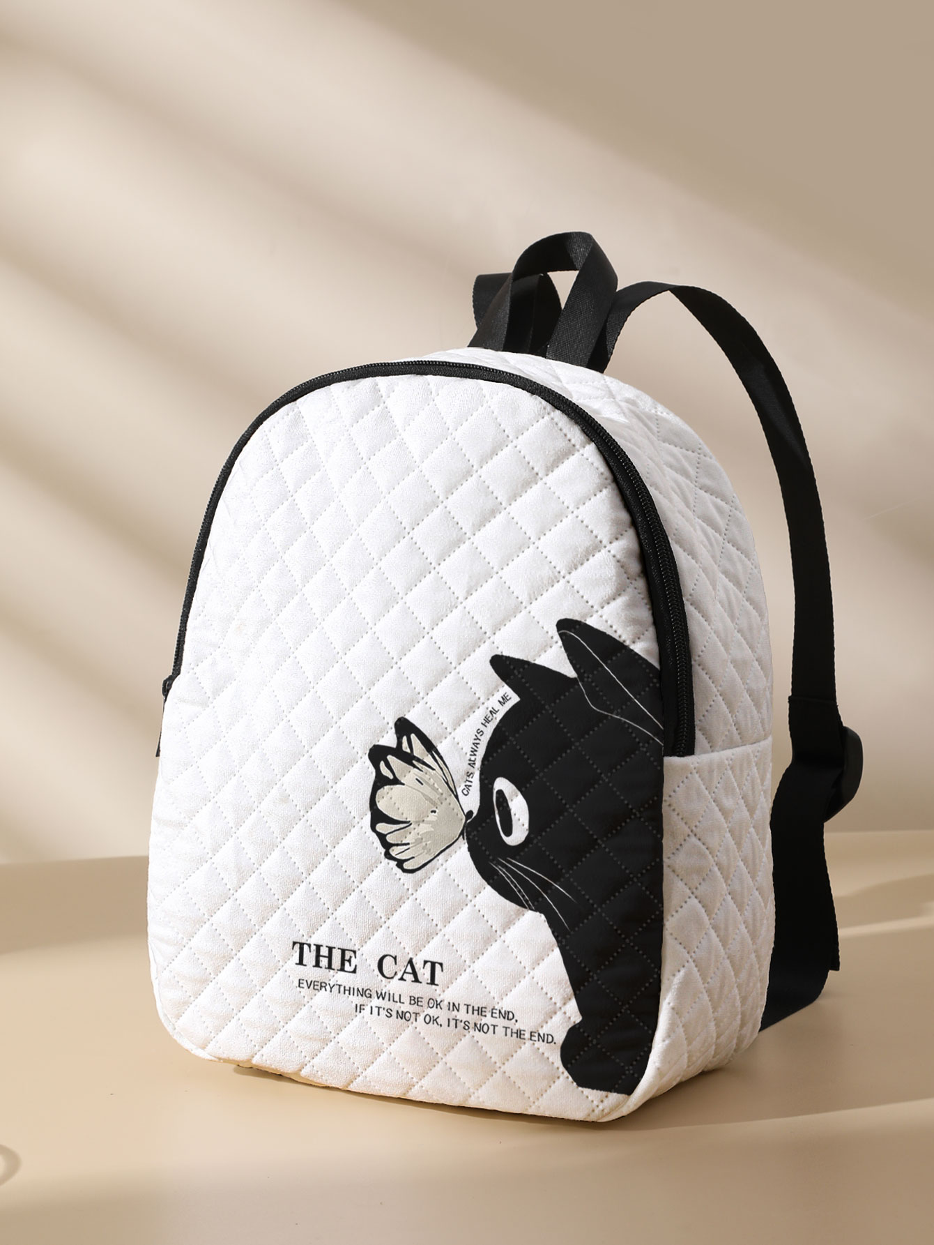 Mini Backpack Women - Siyah Kedi Kelebek Desenli Kapitone Kompakt