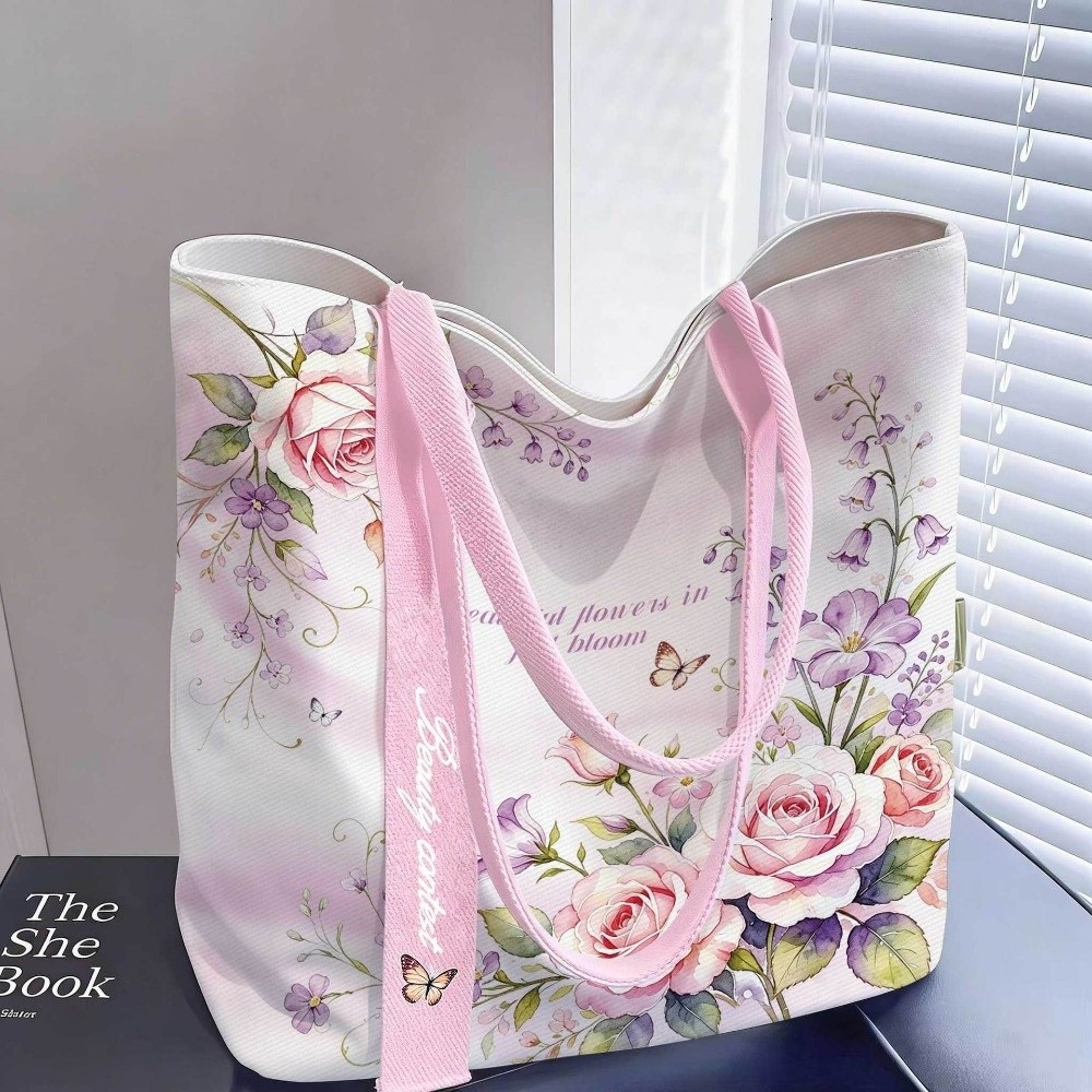 Women'S Reebok Bags - Taşınabilir Çiçek Desenli Kanvas Çanta, Yeniden